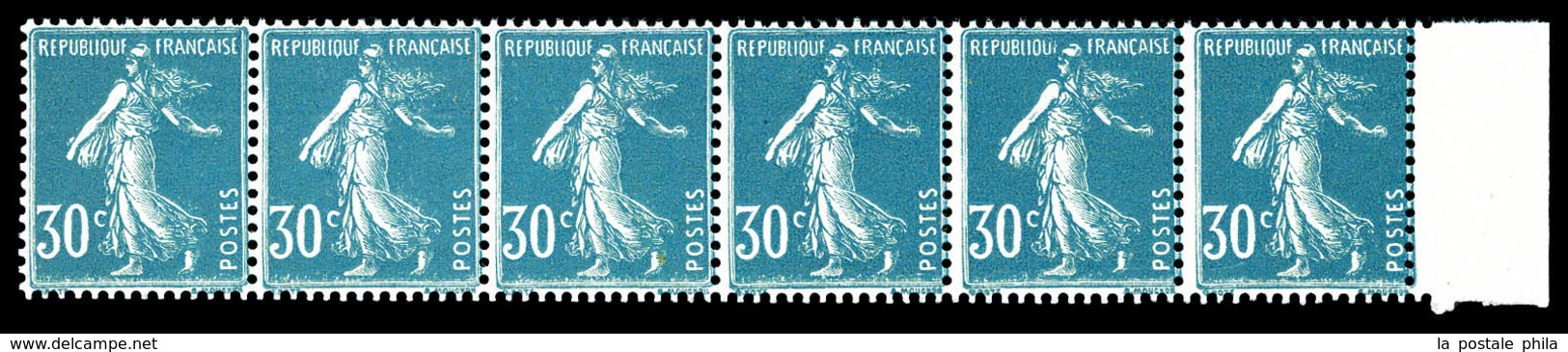 ** N°18, 30c Semeuse Bleu, Bande De 6 Exemplaires Horizontale. SUP. R.R. (certificat)  Qualité: **  Cote: 2600 Euros - Coil Stamps