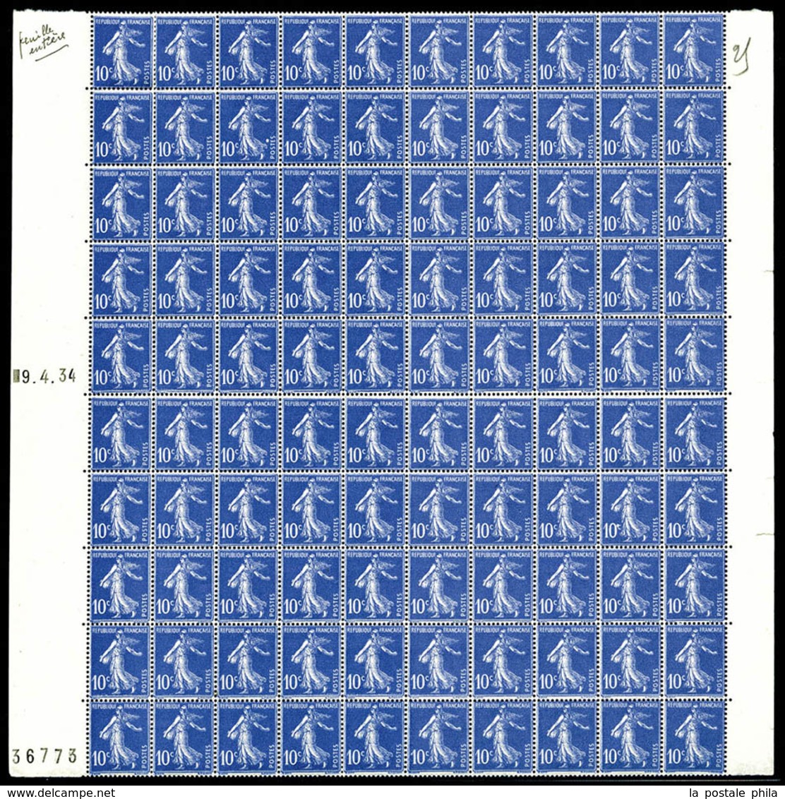 ** N°31, 10c Outremer Type IV (N°279a) En Feuille De 100 Exemplaires (2ex*), Bdf à Gauche Daté Du 9-4-34 Et Numéroté '36 - Coil Stamps