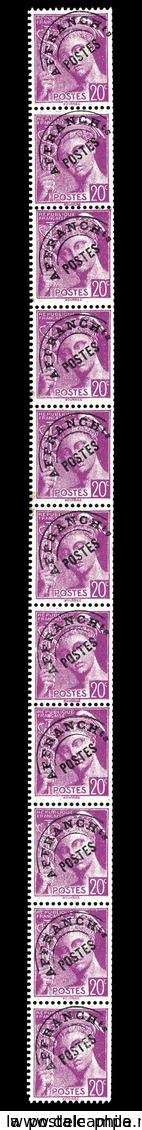 (*) N°49, Préoblitéré, 20c Mercure, Bande Verticale De 11 Exemplaires. TB (certificat)  Qualité: (*)  Cote: 1500 Euros - Coil Stamps