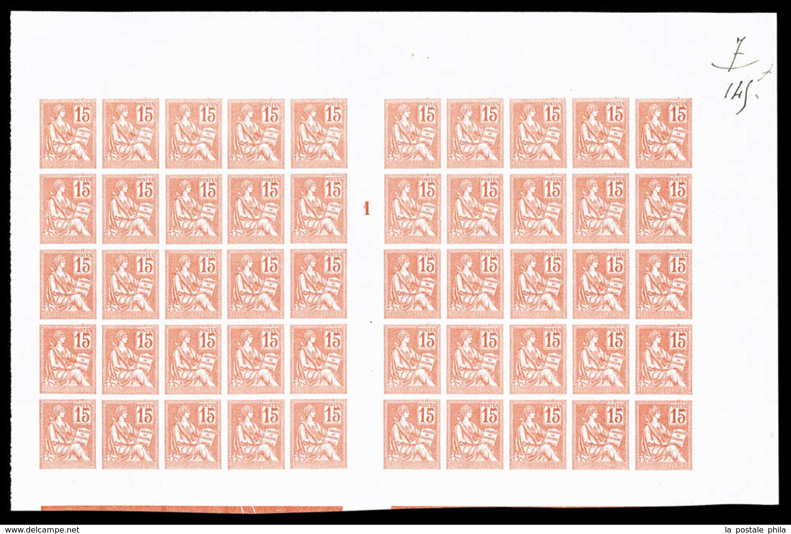 (*) N°117c, Mouchon, 15c Non-dentelé En Feuille De 50 Exemplaires Avec Millésime '1', SUP (certificat)  Qualité: (*)  Co - Unused Stamps