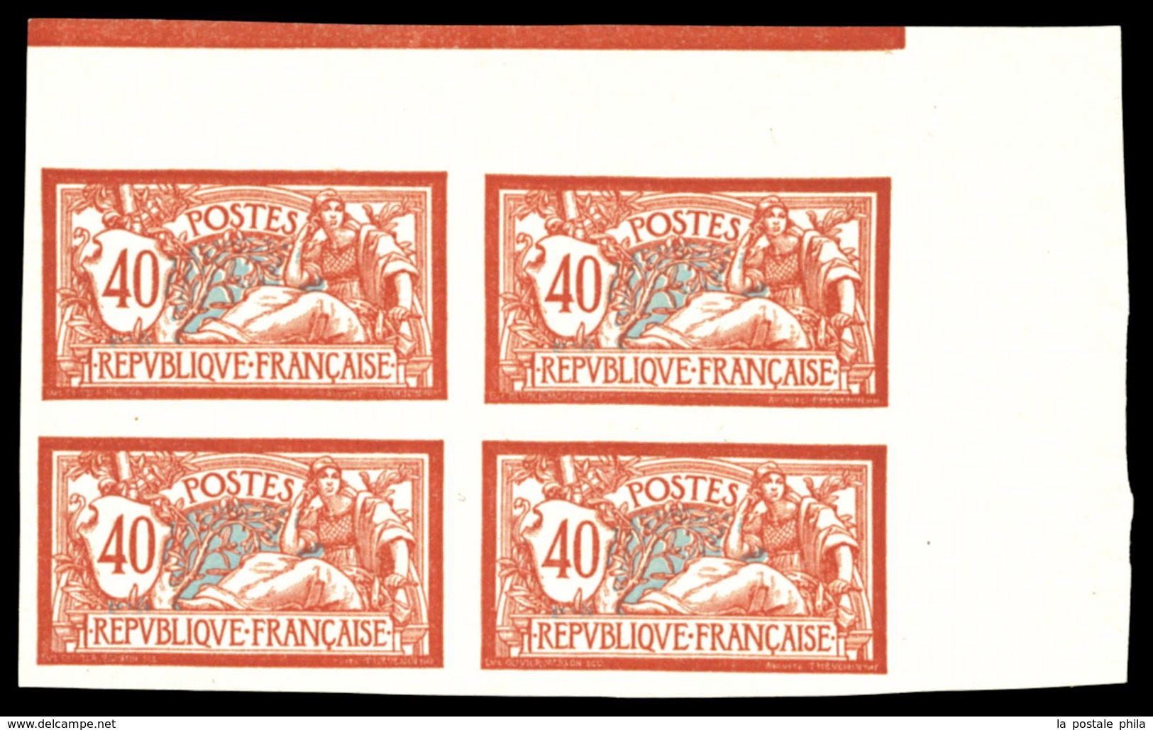 (*) N°119a, 40c Merson Non Dentelé En Bloc De Quatre Cdf Avec Liseret. SUP. R (certificat)  Qualité: (*)  Cote: 900 Euro - Unused Stamps