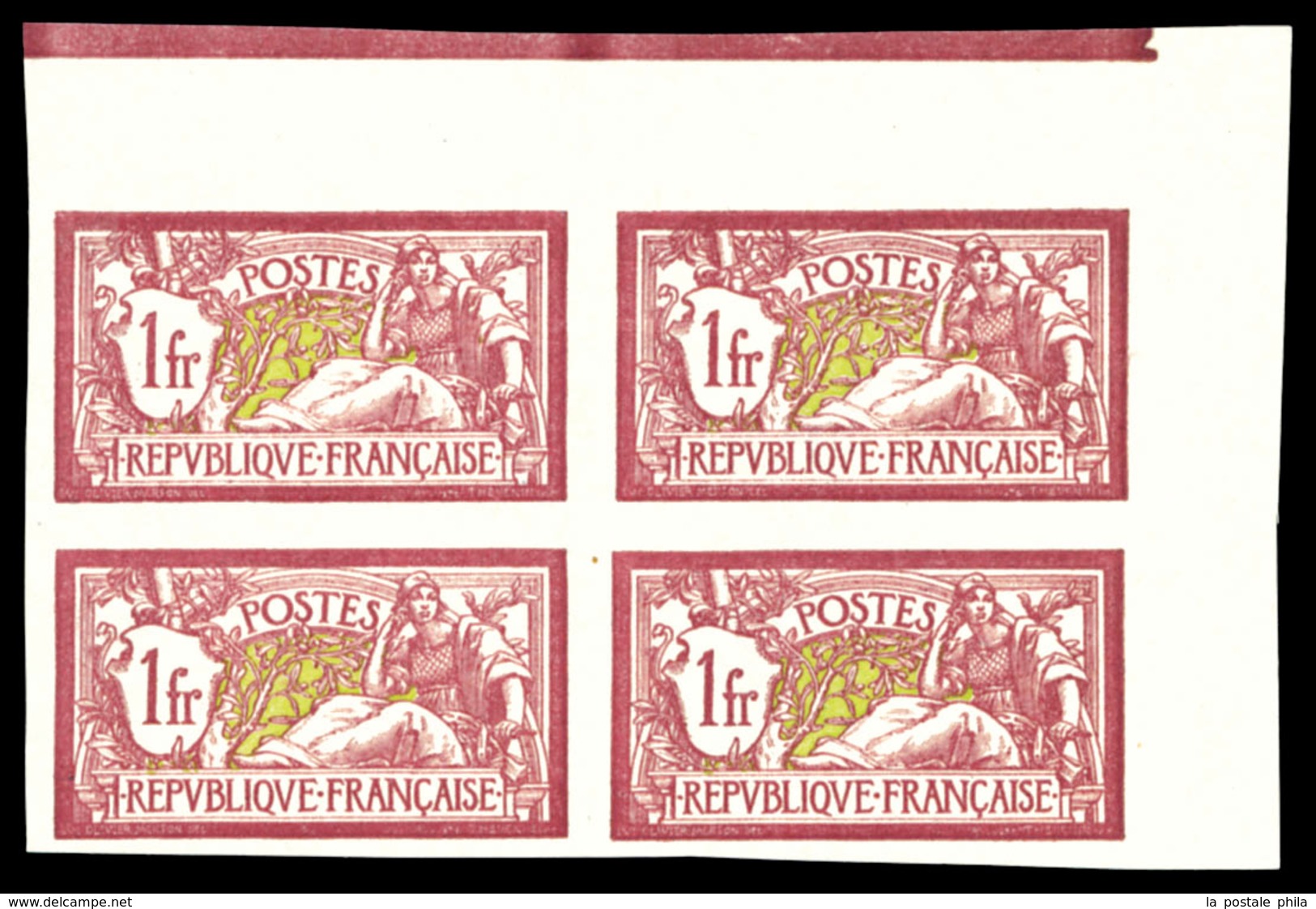 (*) N°121a, 1f Merson Non Dentelé En Bloc De Quatre Cdf Avec Liseret. SUP. R (certificat)  Qualité: (*)  Cote: 900 Euros - Unused Stamps