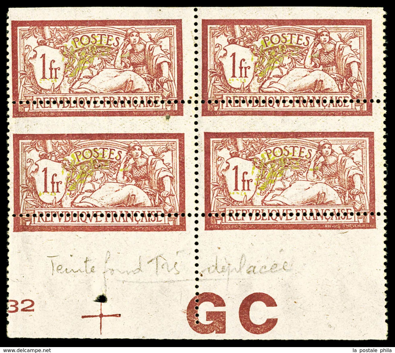 ** N°121, 1F Merson, Piquage à Cheval Et Teinte De Fond Déplacée En Bloc De Quatre Bdf Avec Manchette 'GC' (2ex*), SUP ( - Unused Stamps