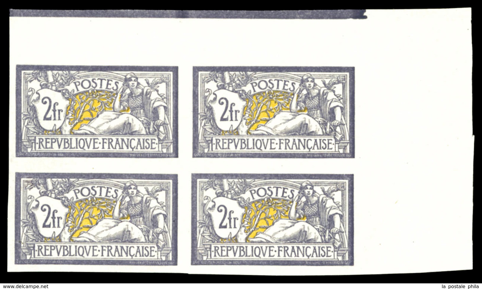 (*) N°122a, 2F Merson Non Dentelé En Bloc De Quatre Cdf Avec Liseret, Toujours Sans Gomme. SUP. R.R. (certificat)  Quali - Unused Stamps