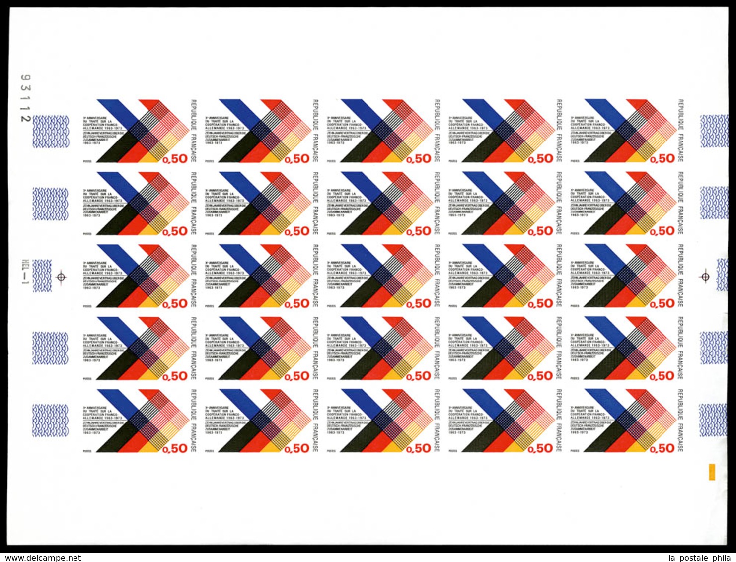 ** N°1739a, 50c Traité Franco-Allemand En Feuille Complète De 25 Exemplaires. TB (certificat)  Qualité: **  Cote: 1125 E - Zonder Classificatie