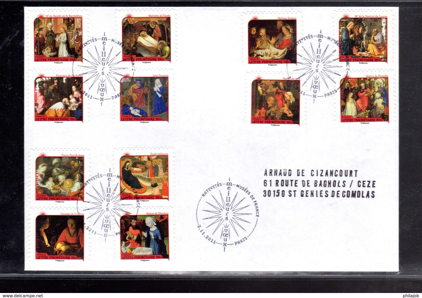 " NATIVITES / ADHESIFS " Sur Env. 1er Jour De 2011. Collection " CACHETS PREMIER JOUR " N° YT ADH 621 à 632 (12 Timbres) - Autres & Non Classés