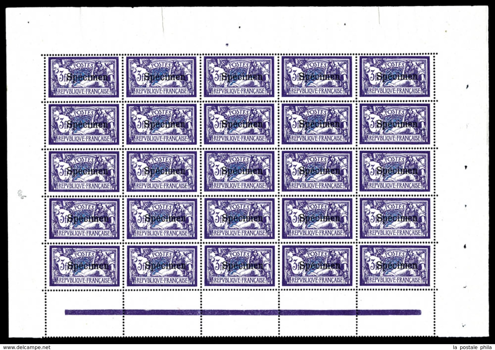 ** N°206-CI 1, 3F Violet Et Bleu Surchargé 'SPECIMEN' En Feuille De 25 Exemplaires, Très Bon Centrage, SUP (certificat)  - Full Sheets