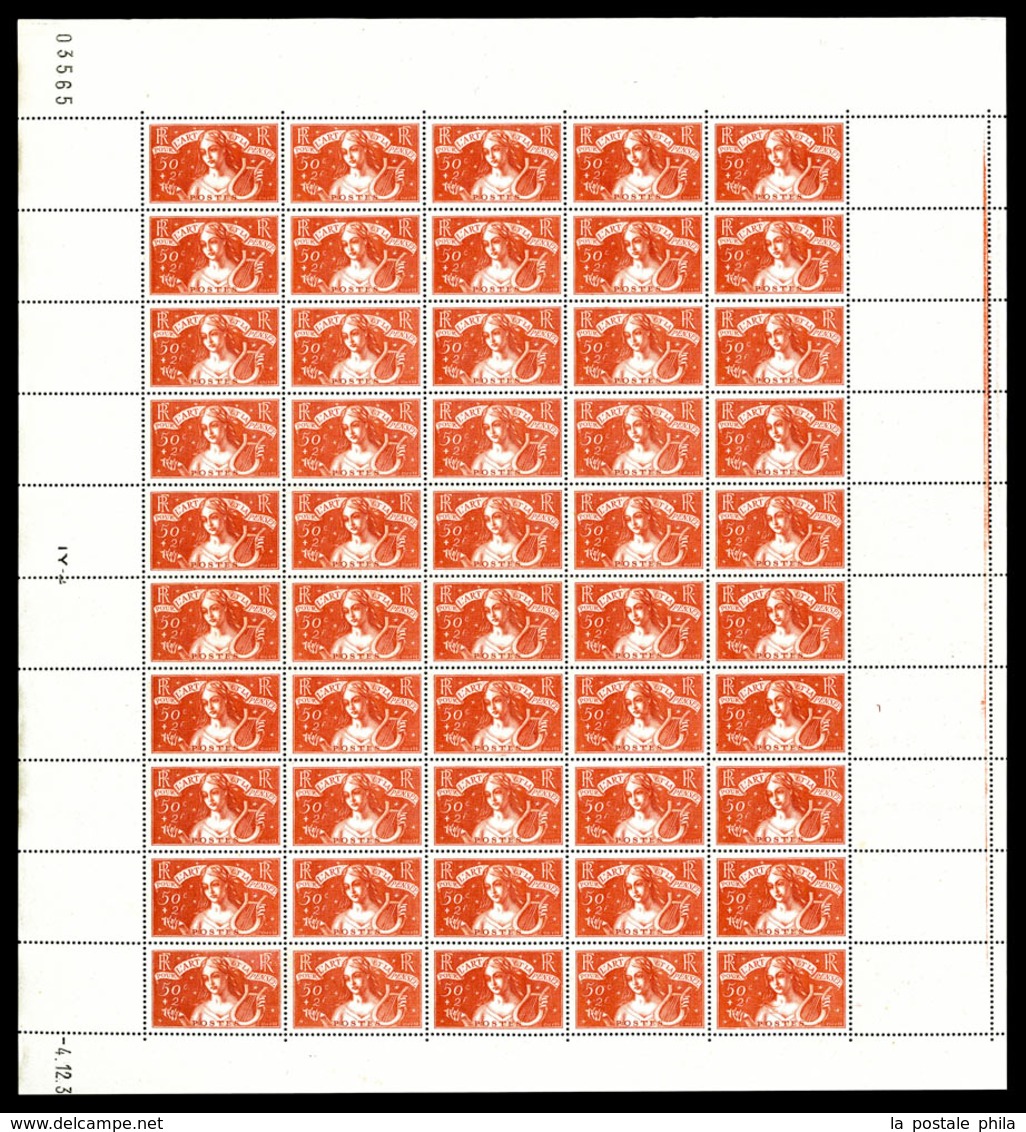 ** N°308, Art Et Pensée En Feuille Complète De 50 Exemplaires. SUP. R.R. (certificat)  Qualité: **  Cote: 6750 Euros - Full Sheets