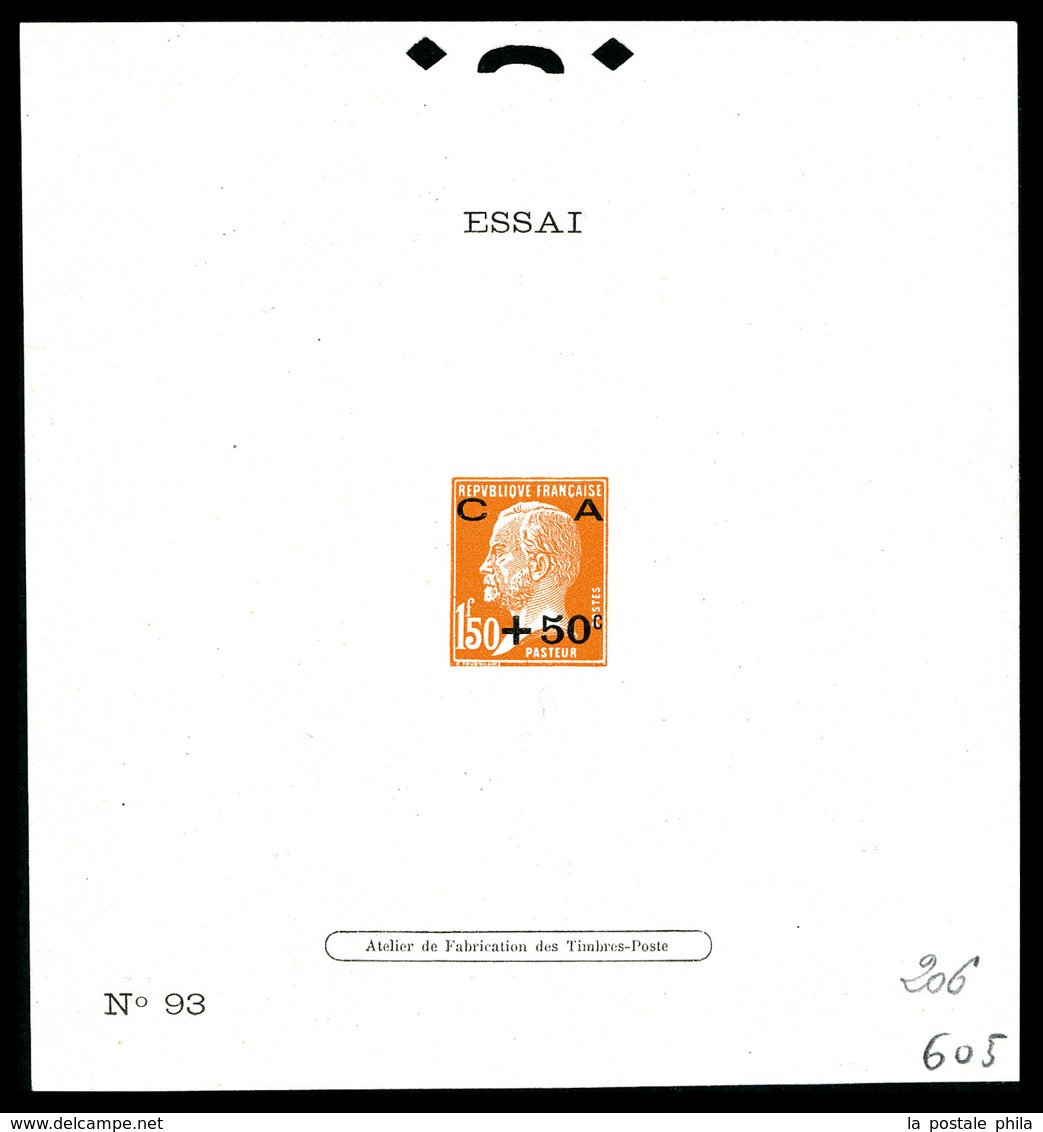 (*) épreuve D'atelier, Type Non émis: Mention 'Essai N°93' 1f50 Orange +50c Noir Pasteur CA, R.R.R Et SUP (certificat)   - Artist Proofs