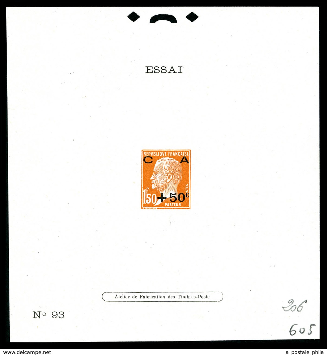 (*) épreuve D'atelier, Type Non émis: Mention 'Essai N°93' 1f50 Orange +50c Noir Pasteur CA, R.R.R Et SUP (certificat)   - Artistenproeven