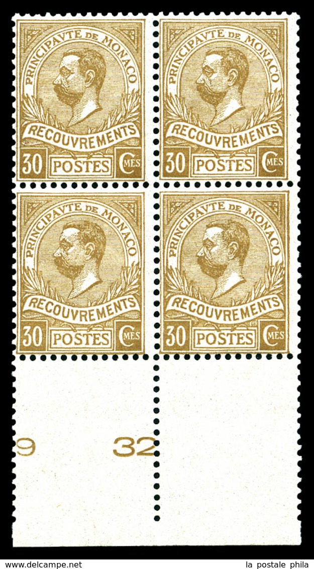 ** MONACO, Taxe: N°10, 30c Bistre En Bloc De Quatre Bas De Feuille. SUP (certificat)  Qualité: **  Cote: 2640 Euros - Unused Stamps