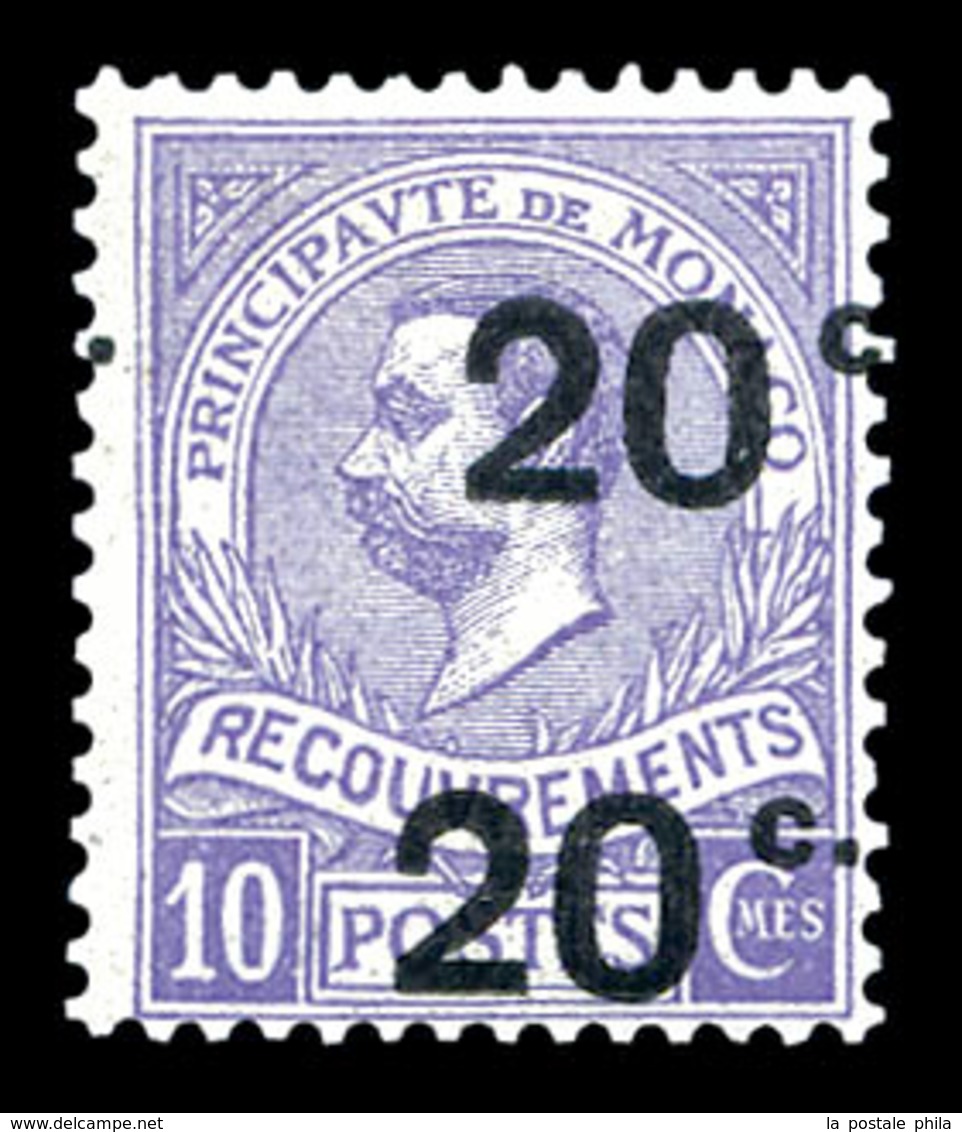 * MONACO, Taxe: N°11a, 20c Sur 10c Violet: Double Surcharge. SUP. R. (signé Margues/certificat)  Qualité: *  Cote: 1450  - Unused Stamps