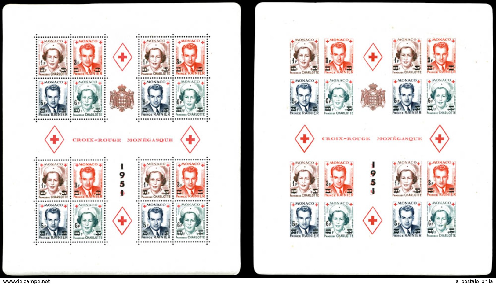 ** MONACO, Blocs Et Feuillets: N°4A/B, Croix Rouge Monégasque De 1949 Les 2 Feuillets Surchargés Dentelé Et Non Dentelé, - Blocks & Sheetlets