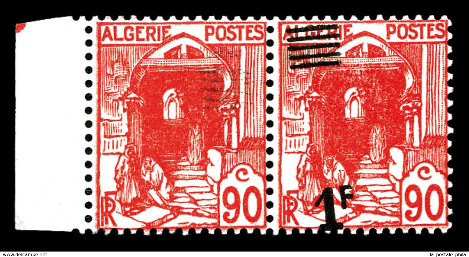 ** ALGERIE, N°158Ab, 1f Sur 90c Rouge, Surcharge Déplacée Tenant à Non Surchargé En Paire Bdf. SUPERBE. R.R. (signé Brun - Unused Stamps