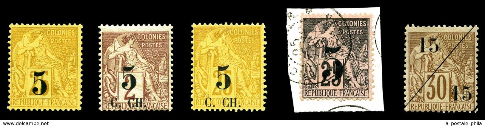 (*) COCHINCHINE, N°1/5, Surchargés De 1886, N° 1,2 Et 5 Nsg, N°4 Oblitéré Sur Son Support. TB  Qualité: (*)  Cote: 415 E - Unused Stamps