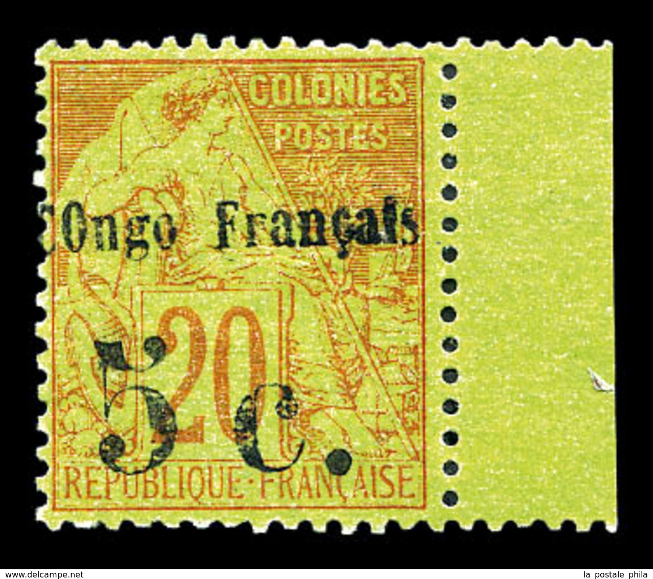 * CONGO, N°3, 5c Sur 20c, Bord De Feuille. TTB (signé Brun/Calves/certificat)  Qualité: *  Cote: 1800 Euros - Unused Stamps