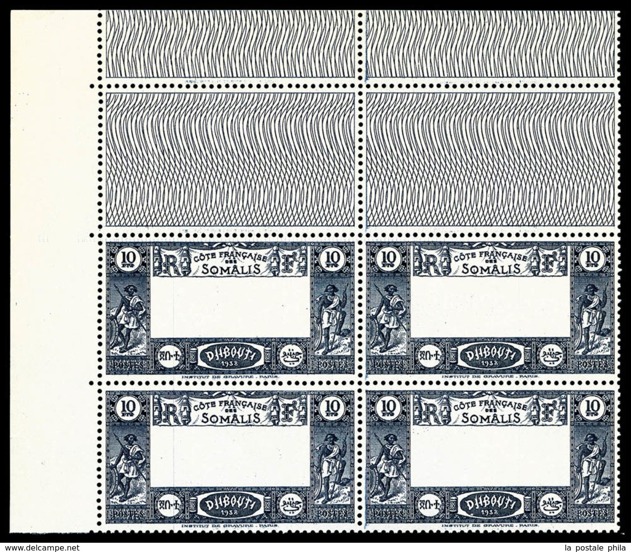 ** COTE DES SOMALIS, N°168a, 10F Bleu Fonçé, Centre Omis En Bloc De Quatre Coin De Feuille, Fraîcheur Postale, Très Joli - Ongebruikt