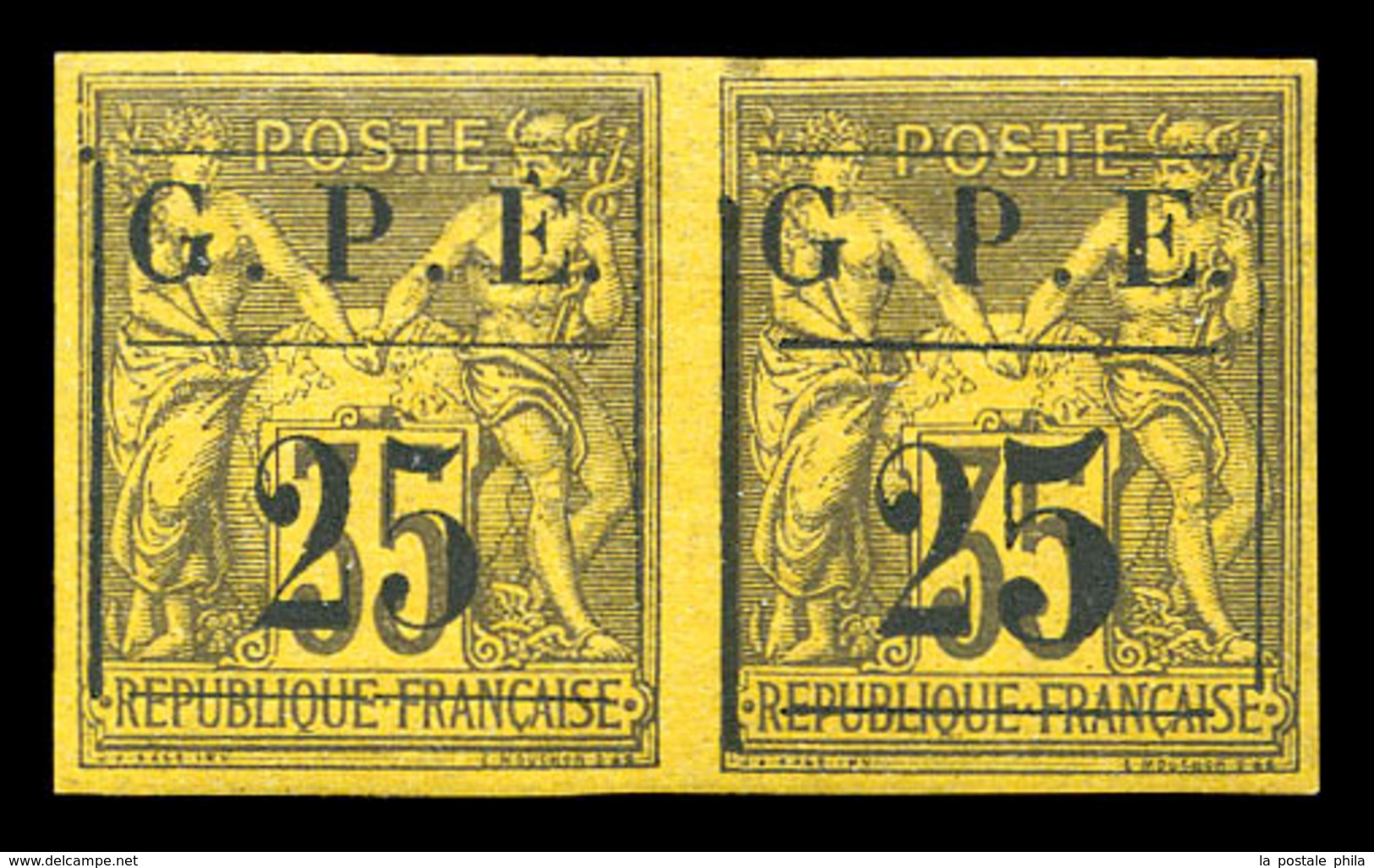 * GUADELOUPE, N°2 +2a, 25 Avec Gros '2' Sur 35c Violet Noir Sur Jaune Tenant à Normal. TTB (certificat)  Qualité: *  Cot - Unused Stamps