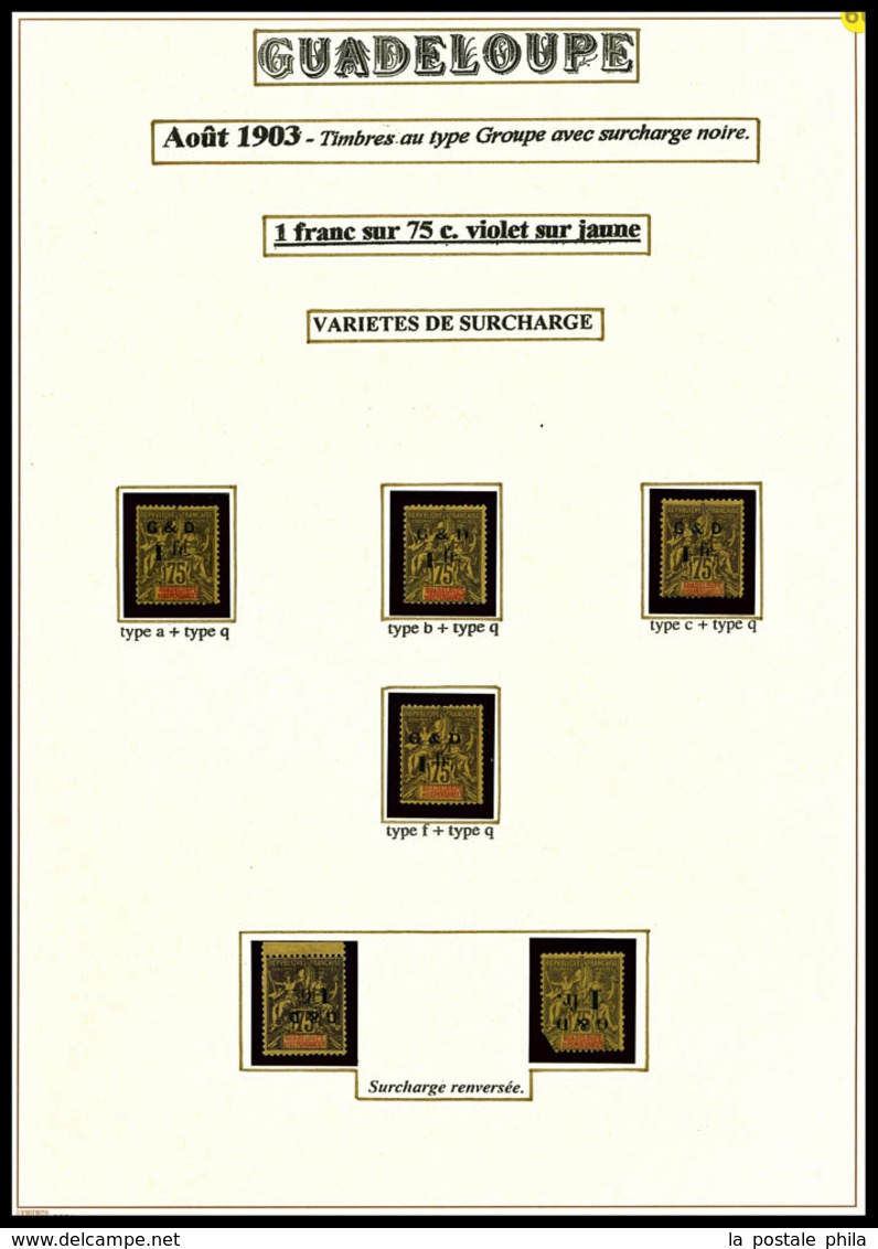 ** GUADELOUPE, N°49, 1F Sur 75c Violet: 15 Variétés De Surcharges (*/**) Dont Surcharge Renversée (1ex Pd), Chiffre Renv - Unused Stamps