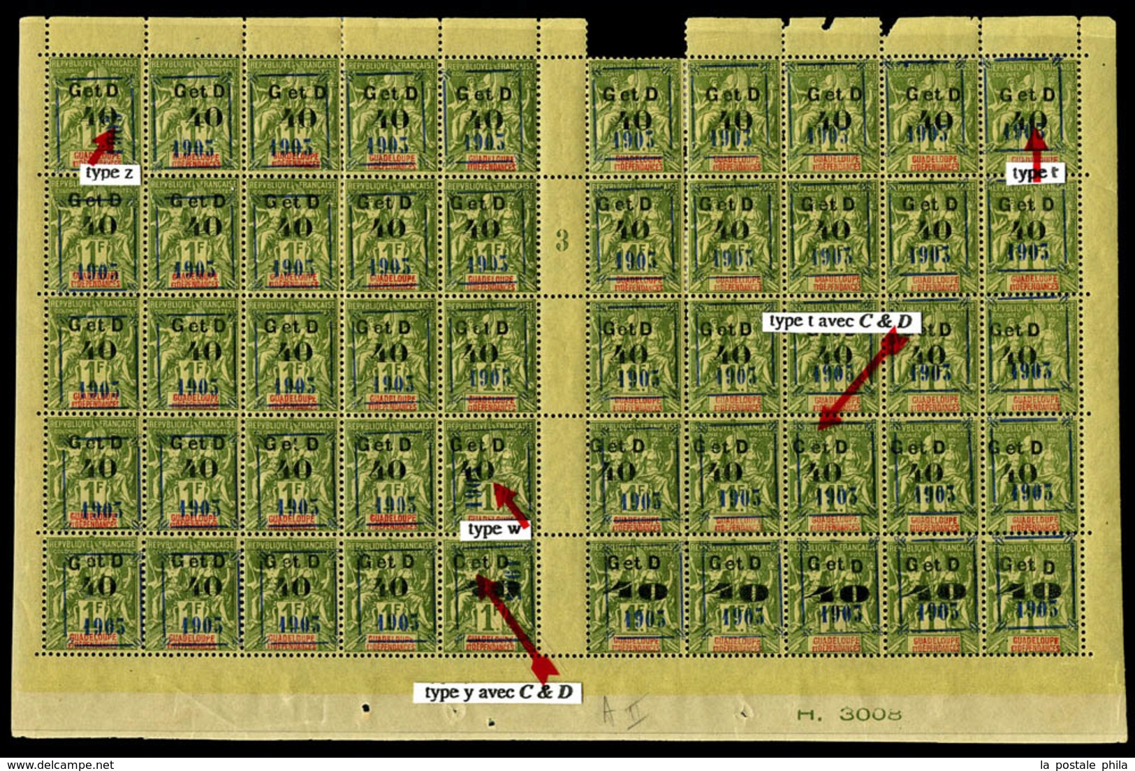 ** GUADELOUPE, N°50, 40c Sur 1f Olive En Panneau De 50 Exemplaires Bas De Feuille Composition 'A' Type II, Millésime '3' - Ongebruikt