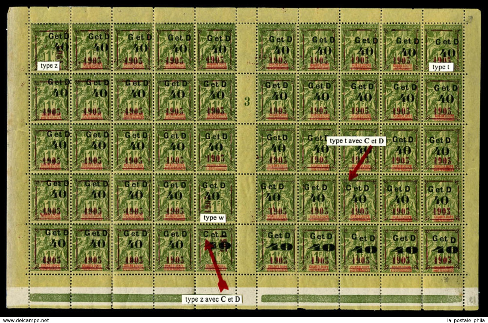 ** GUADELOUPE, N°52, 40c Sur 1f Olive En Panneau De 50 Exemplaires Composition 'A' Type II Encadré, Millésime '3' (14 Ex - Ongebruikt