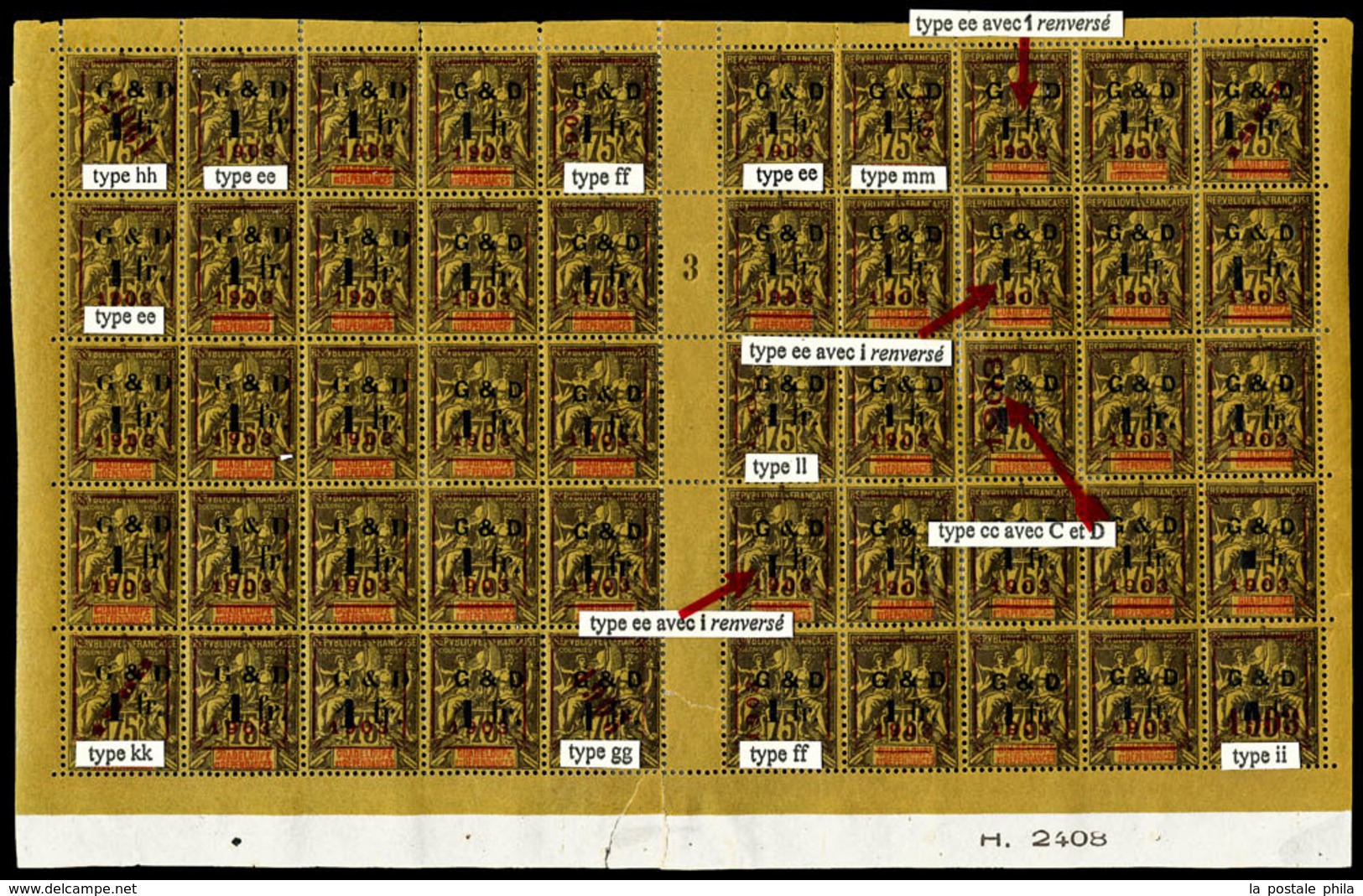 * GUADELOUPE, N°53, 1F Sur 75c Violet Sur Jaune En Panneau De 50 Exemplaires Bas De Feuille Composition A Type IV, Millé - Ongebruikt