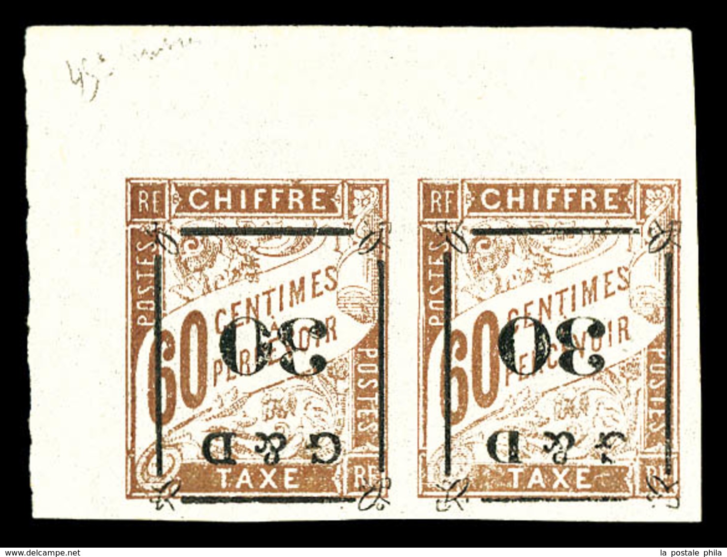 * GUADELOUPE, Taxe: N°13b, 30 Sur 60c Brun S Chamois En Paire Cdf, Surcharge Renversée Avec 'G' Partiel (case 44) Et 'ab - Unused Stamps