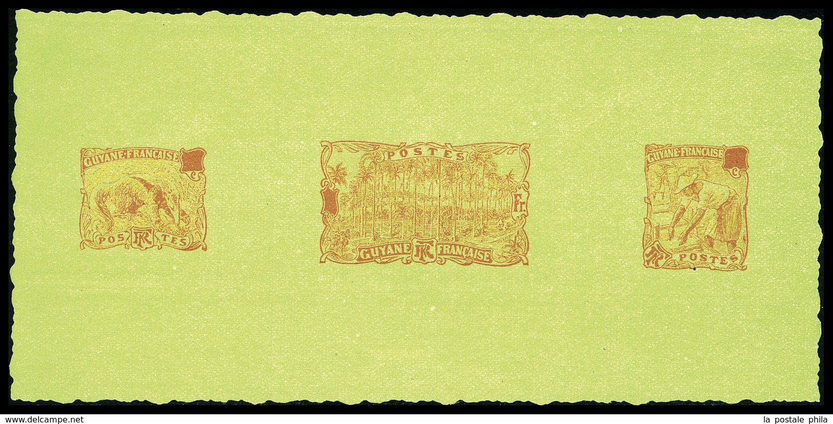 (*) GUYANE, 49 + 55 + 63, épreuve Collective Des 3 Poinçons Sans Faciale En Rouge Sur Papier Vert Dentelé, Tamanoir, Che - Unused Stamps