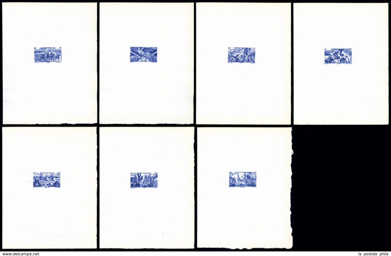 (*) GUYANE, PA: N°28/34, Série Tchad Au Rhin: Ensemble De 7 épreuves D'Artiste En Bleu Outremer Sur Papier Filigrané (17 - Unused Stamps