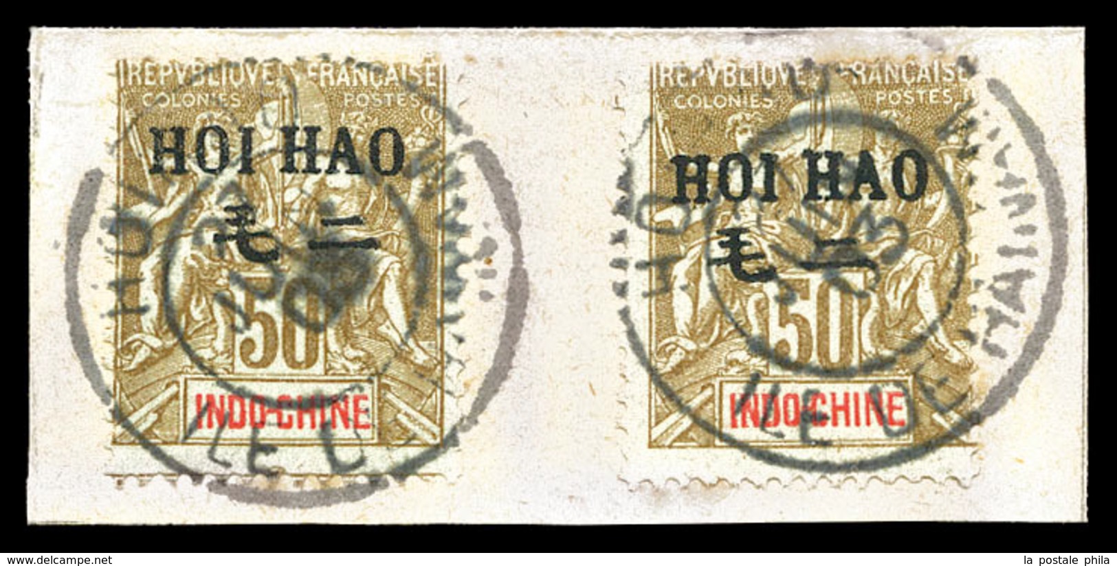 O HOI HAO, N°28, 50c Bistre Sur Azuré: 2 Ex Sur Fragment. TB  Qualité: O  Cote: 300 Euros - Unused Stamps