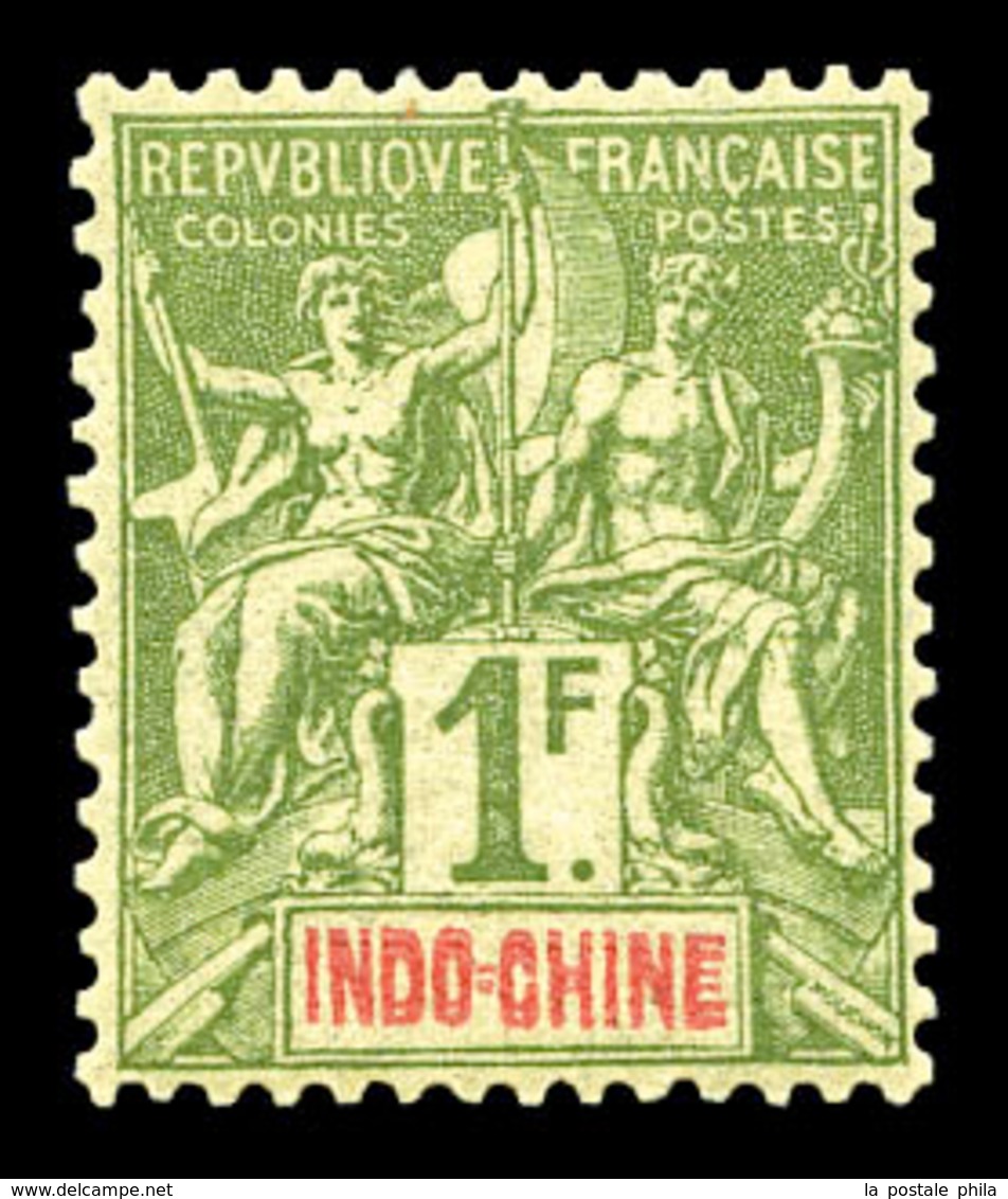 ** INDOCHINE, N°15a, 1F Olive 'Double Légende INDO-CHINE'. Fraicheur Postale. Très Bon Centrage. SUPERBE. R. (certificat - Used Stamps