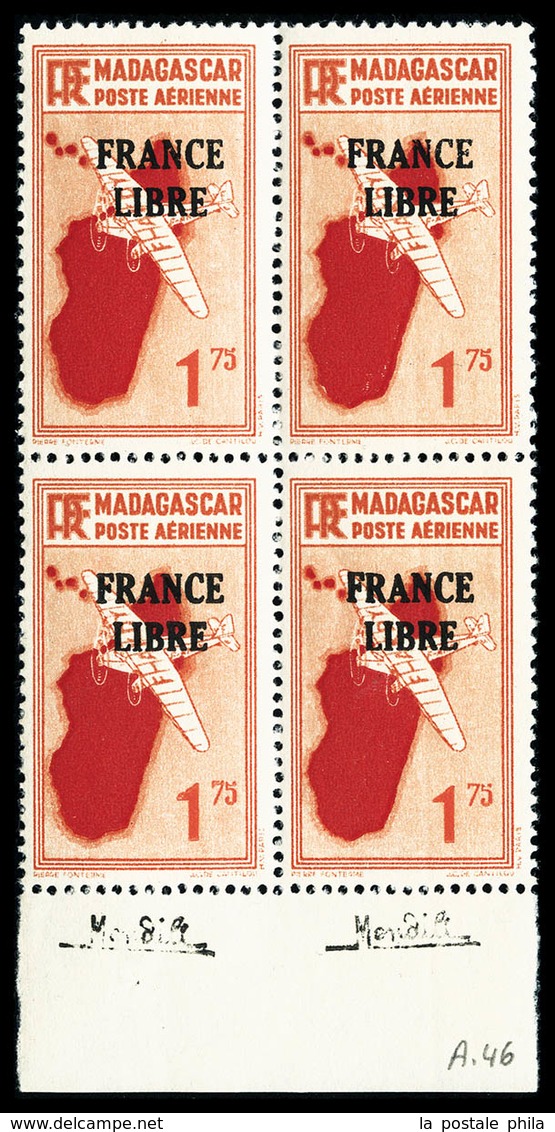 ** MADAGASCAR, PA: N°46, 1F75 Orange En Bloc De Quatre Bas De Feuille, SUP (certificat)  Qualité: **  Cote: 840 Euros - Unused Stamps