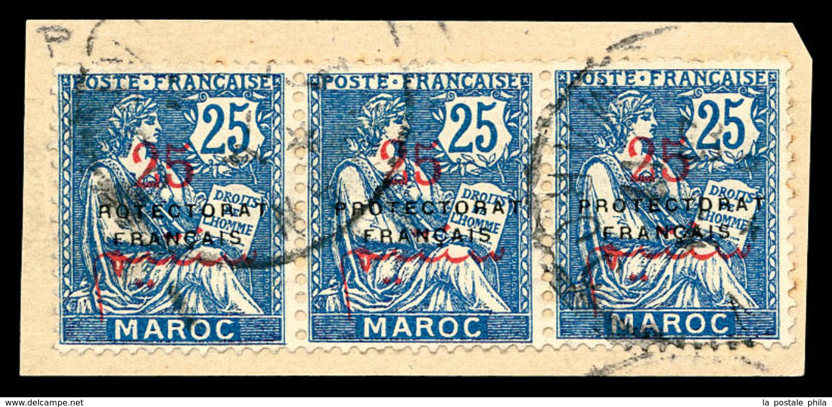 O MAROC BUREAUX FRANCAIS, N°44a, 25c Sur 25c Bleu: Variété ROTECTORAT Tenant à 2 Normaux. TB  Qualité: O  Cote: 140 Euro - Used Stamps