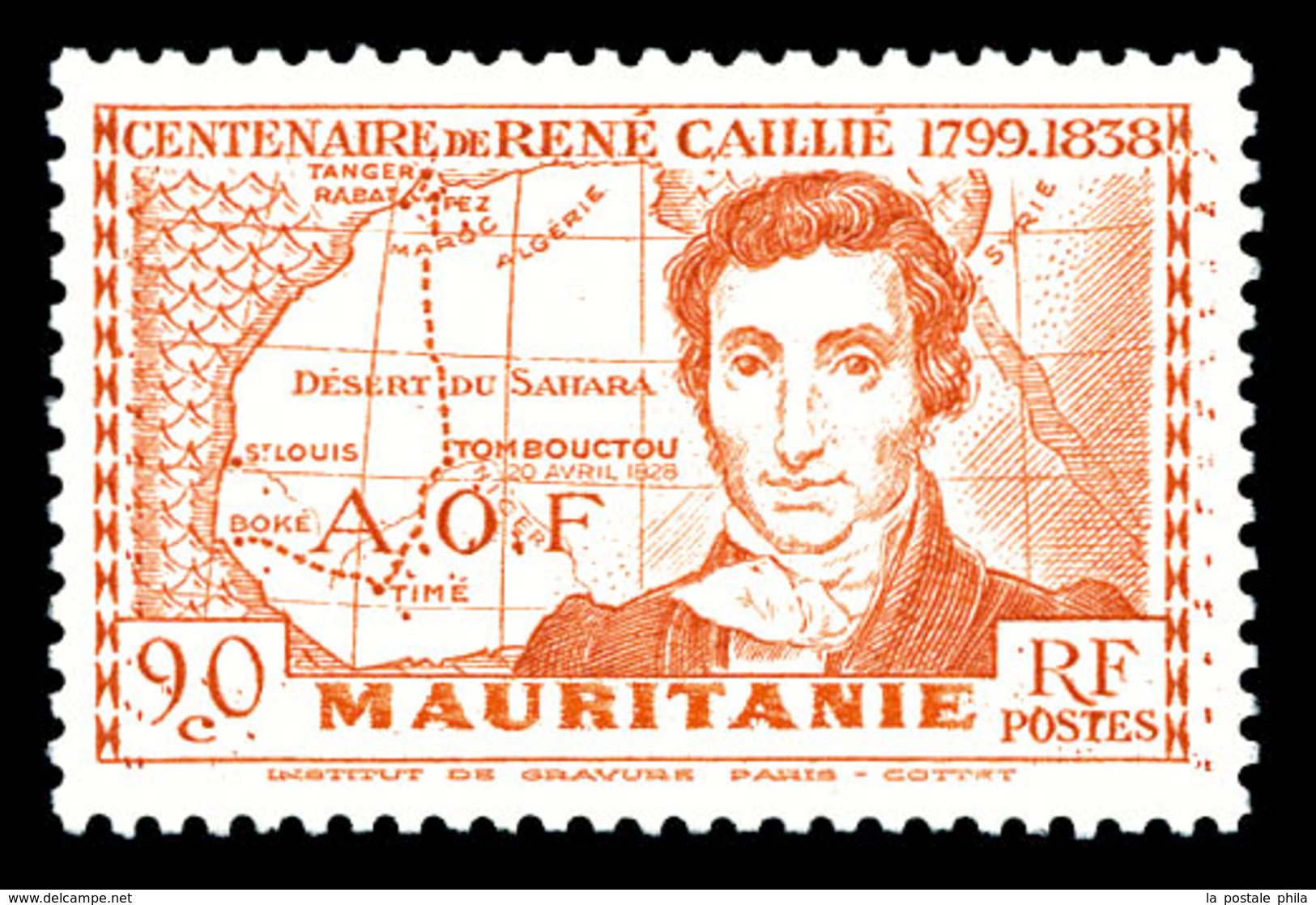 ** MAURITANIE, N°95a, René Caillié, 90c Rouge Terne, GRANDE LEGENDE, SUP (certificat)  Qualité: **  Cote: 585 Euros - Unused Stamps