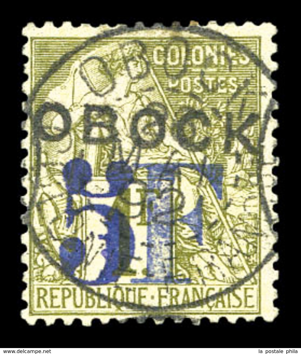 O OBOCK, N°31, 5F Sur 1F Olive Oblitéré Càd Obock. TTB (signé Brun/certificat)  Qualité: O  Cote: 850 Euros - Used Stamps