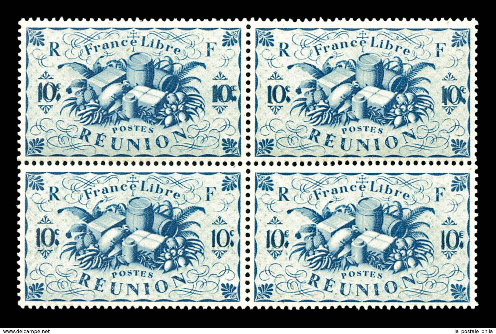 ** REUNION, N°234a, 10c Bleu, Double Impression De La Valeur En Bloc De Quatre. SUP (certificat)  Qualité: **  Cote: 105 - Unused Stamps