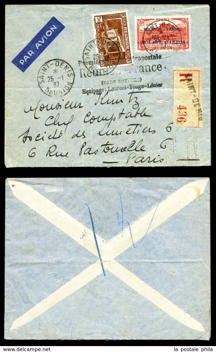 O REUNION, PA: N°1, 50c Rouge Surchargé 'Rolland Garros' (+N141) + Griffe '1ère Liaison Aèropostale' Sur Lettre Recomman - Unused Stamps