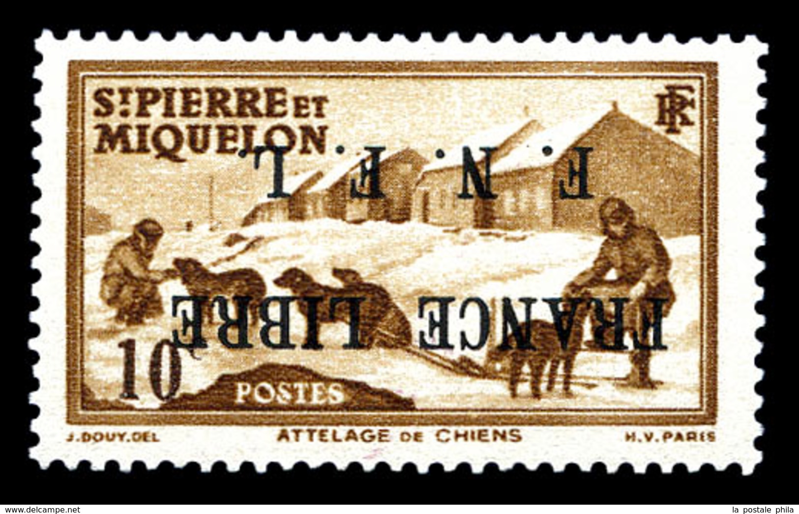 ** SAINT PIERRE ET MIQUELON, N°250A, 10c Brun-jaune, Surcharge 'FRANCE LIBRE F.N.F.L' Renversée. SUP (certificat)  Quali - Used Stamps