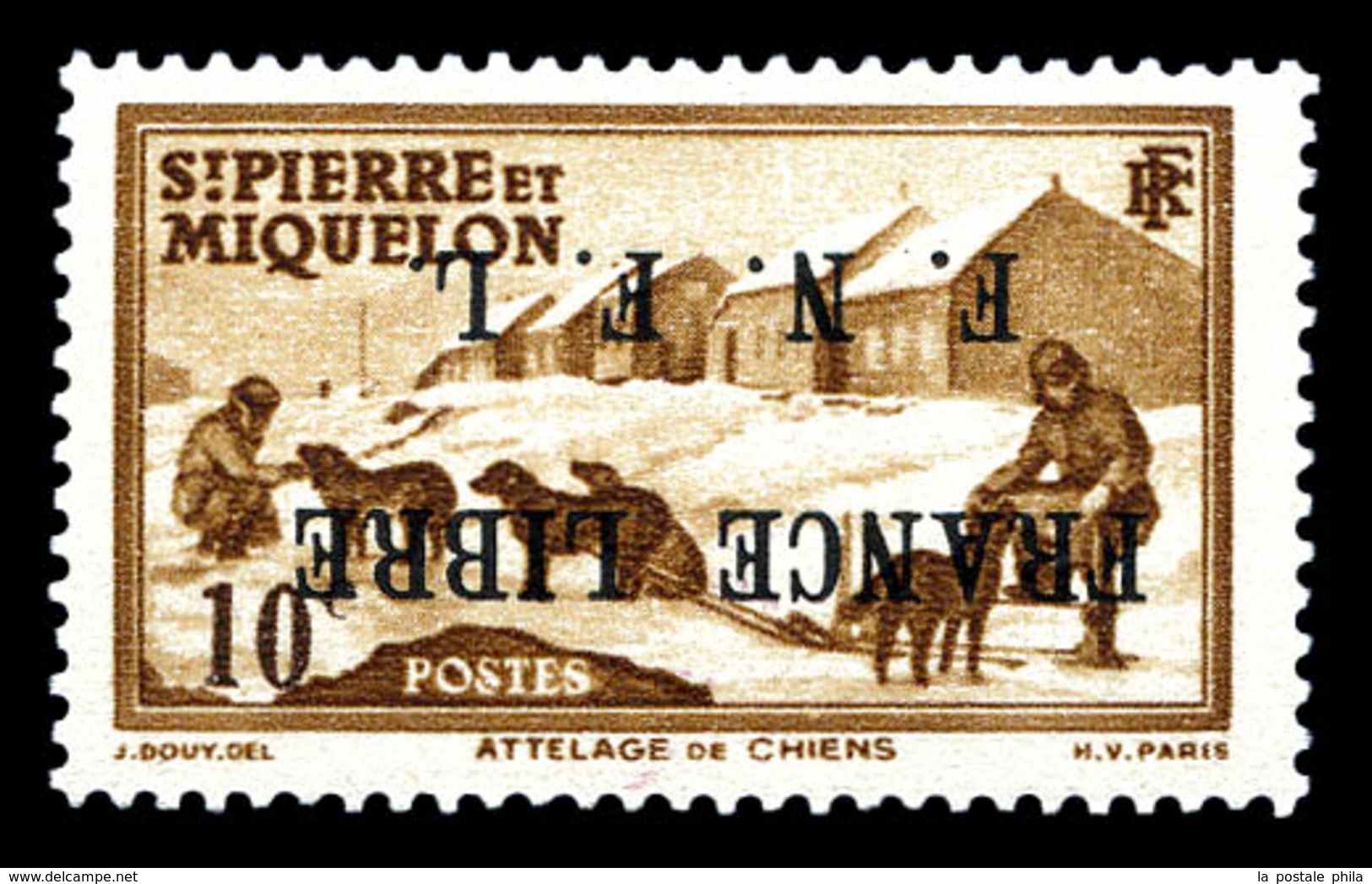 ** SAINT PIERRE ET MIQUELON, N°250A, 10c Brun-jaune, Surcharge 'FRANCE LIBRE F.N.F.L' Renversée. SUP (certificat)  Quali - Oblitérés