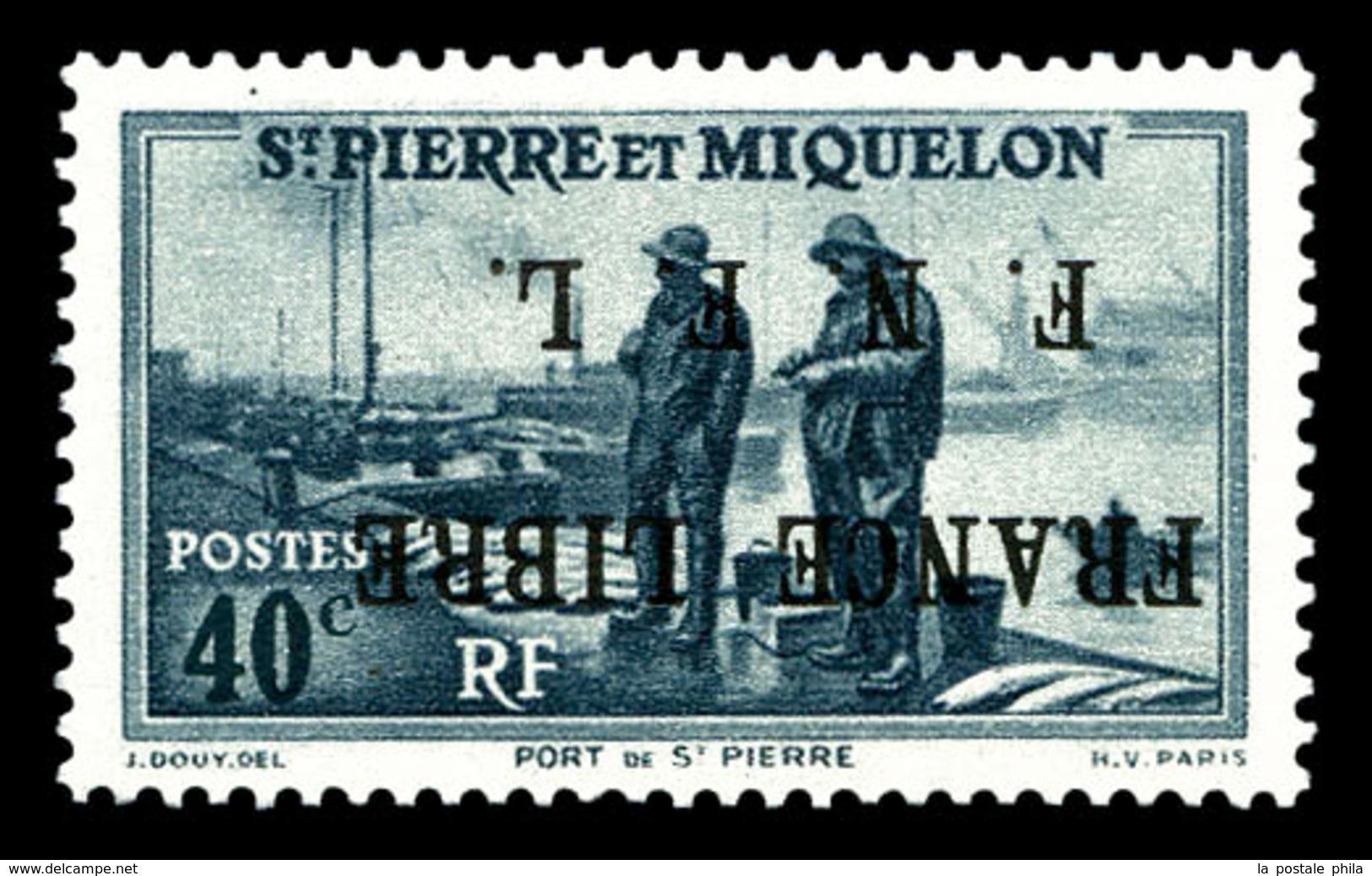 ** SAINT PIERRE ET MIQUELON, N°255A, 40c Bleu-gris, Surcharge 'FRANCE LIBRE F.N.F.L' Renversée, Cdf. SUP (certificat)  Q - Gebruikt