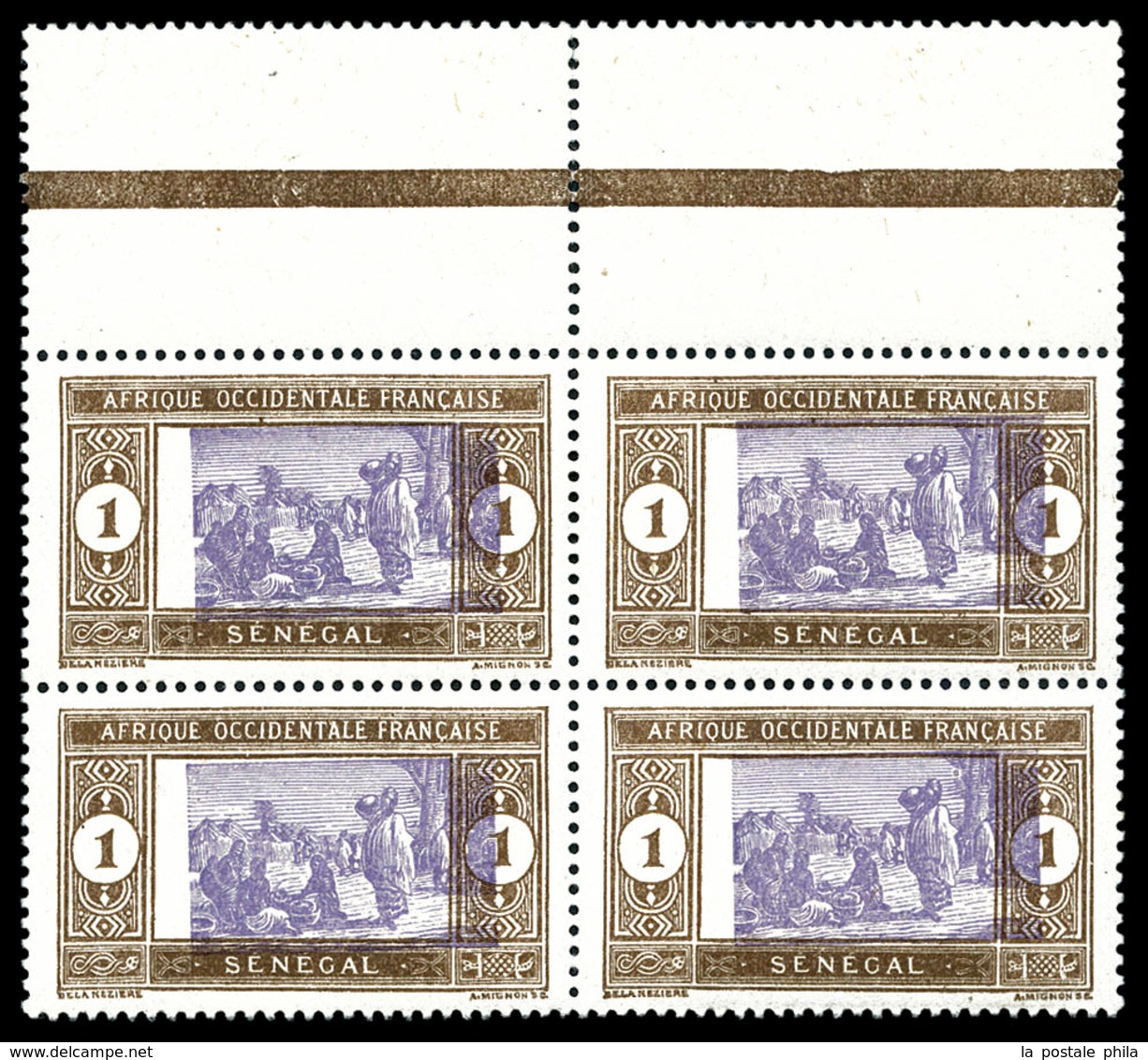 ** SENEGAL, N°53, 1c Marché Indigène, Impression Centrale Très Déplacée En Bloc De Quatre Bdf. SUP (certificat)  Qualité - Used Stamps