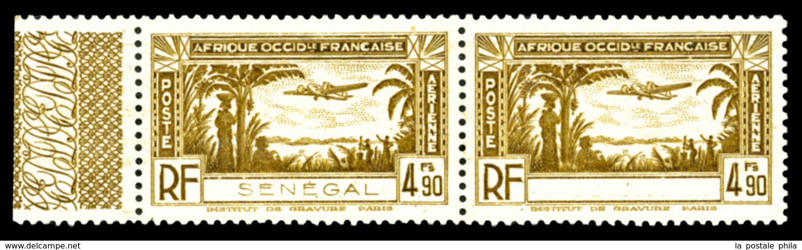 ** SENEGAL, PA:N°16, 4f90 Bistre-olive, Légende Absente Tenant à Normal (7ex Connus) Bdf. SUPERBE. R.R. (certificat)  Qu - Used Stamps