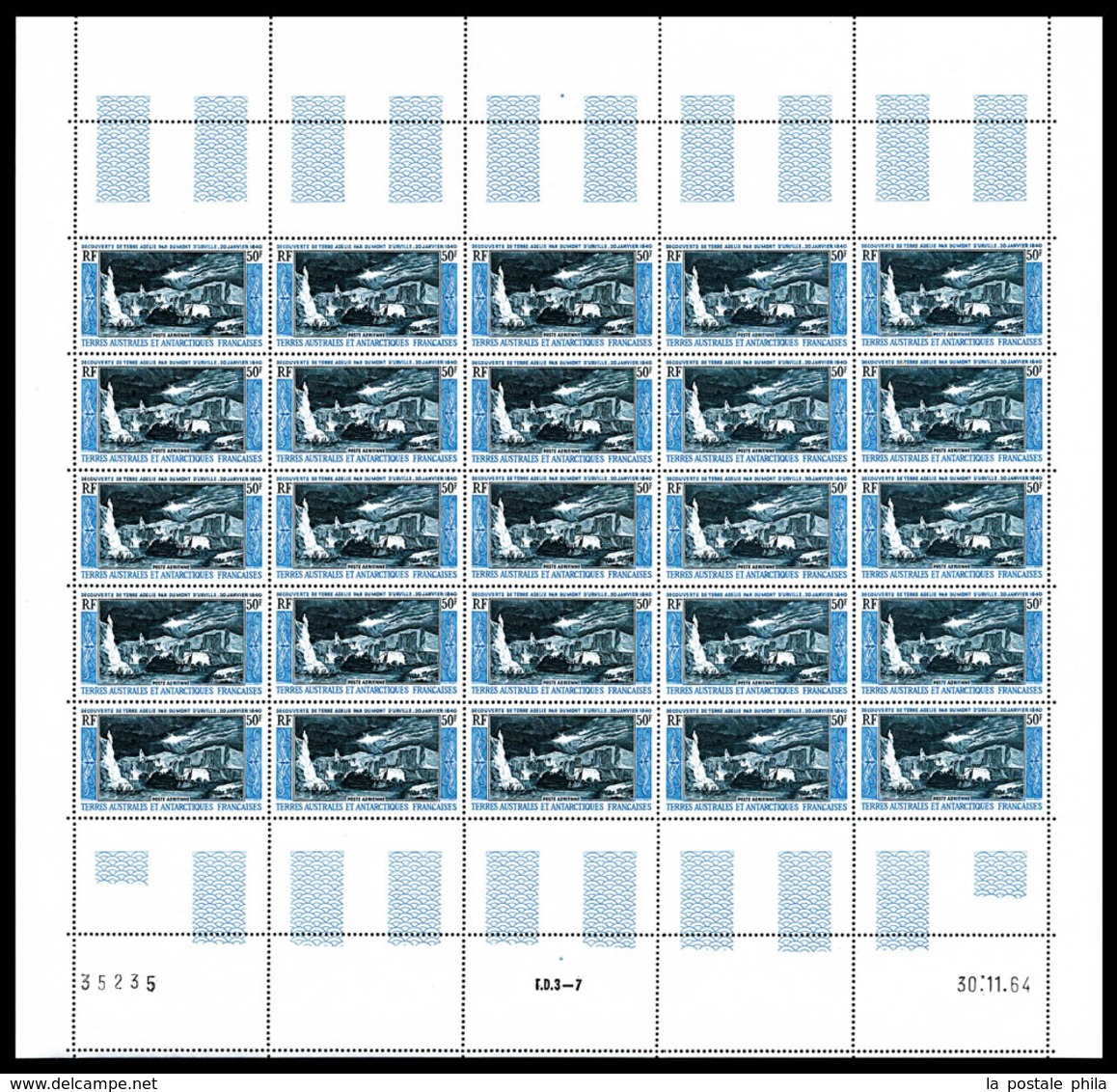 ** T.A.A.F., PA: N°8, Découverte De La Terre Adélie, FEUILLE COMPLÊTE DE 25 EXEMPLAIRES, SUP (certificat)  Qualité: **   - Unused Stamps