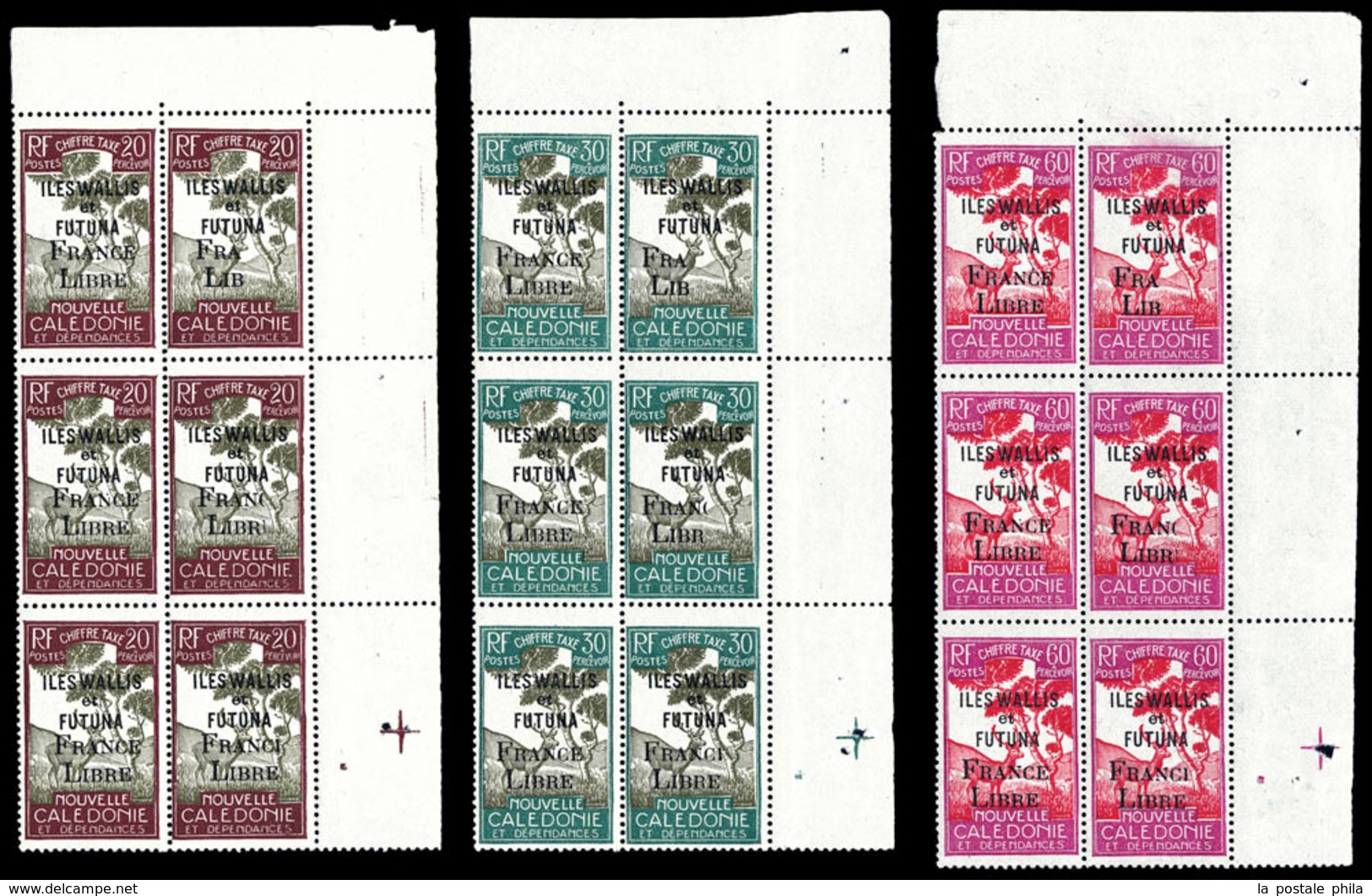 ** WALLIS Et FUTUNA, N°29b, 30c Et 33b: 3 Exemplaires Surcharges 'France Libre' Incomplètes (3 Différentes) Tenant à Nor - Unused Stamps