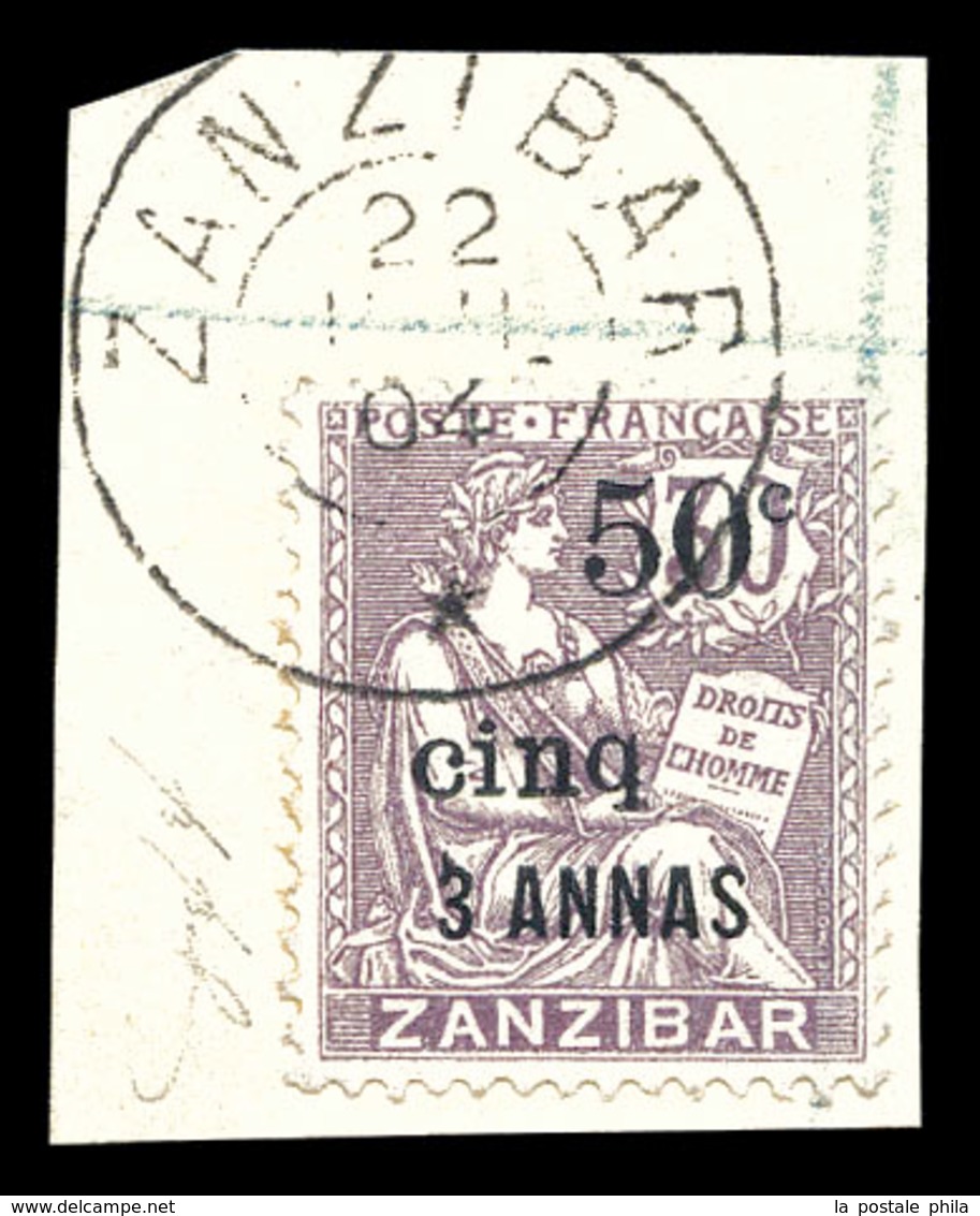 O ZANZIBAR, N°66, 50c Et Cinq Sur 3 A S 30c Violet Oblitéré Càd Sur Son Support. SUP. R.R. (signé Margues/certificat)  Q - Ongebruikt