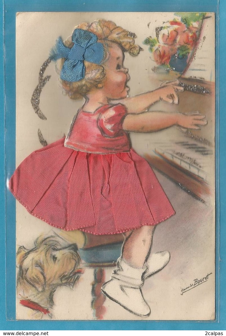 Carte  De Gemaine Bouret Peu Courante Avec Personnage En Relief Ajoutis Dentelle Et Paillettes Fillette Piano Chien - Bouret, Germaine