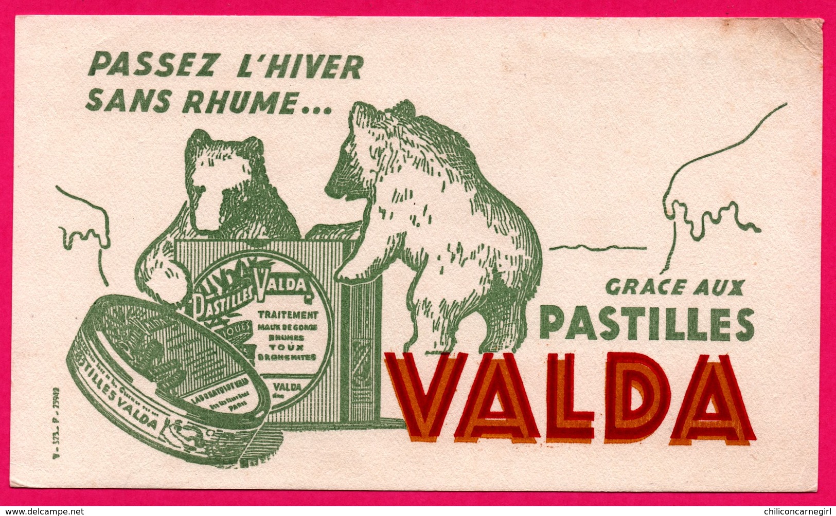 BUVARD Illustré - Passez L'Hiver Sans Rhume Grâce Aux Pastilles VALDA - Ours - Maux De Gorge - Produits Pharmaceutiques