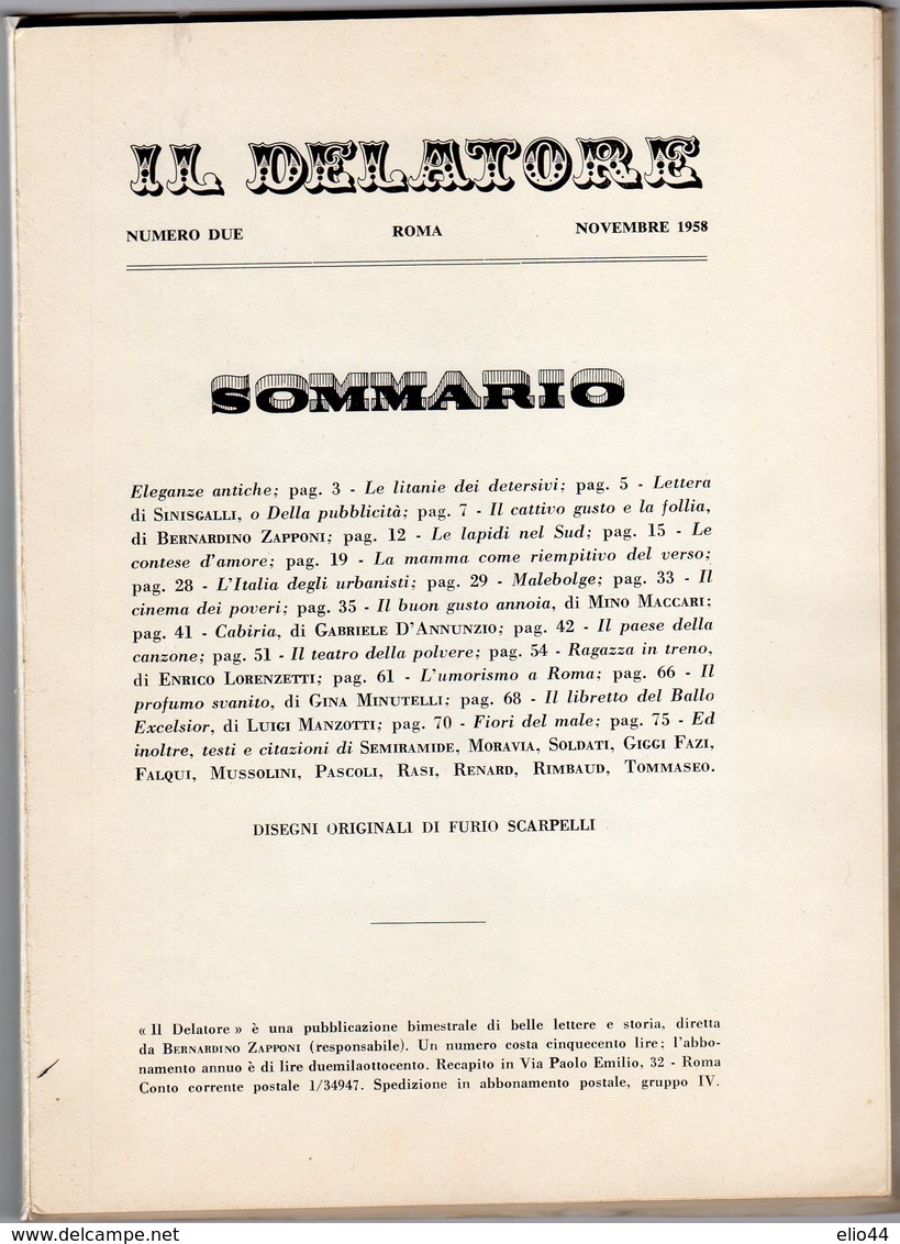 Libri - Roma -  IL DELATORE - " Il Cattivo Gusto In Italia " - Numero Due  Novembre 1958 - - Critique