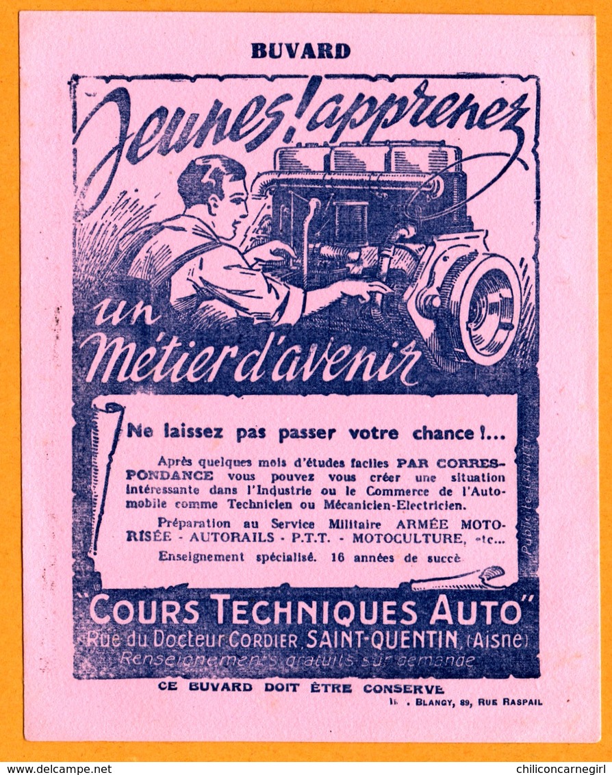 BUVARD Illustré - Cours Techniques AUTO - Mécanicien - Métier D'Avenir - St Quentin Aisne (02) - Illustration De BLANGY - Automotive