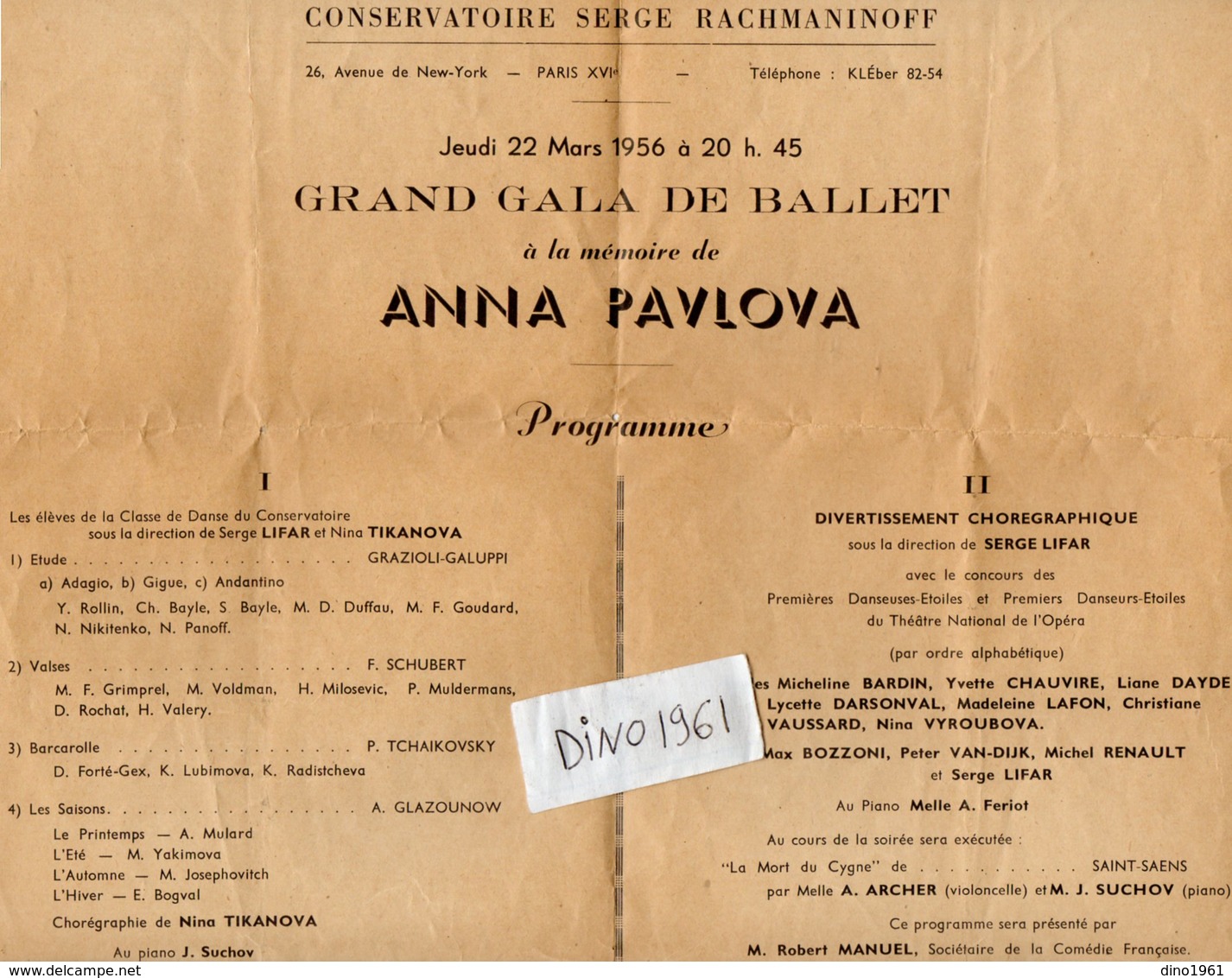 VP13.563 - PARIS 1956 - Progamme - Conservatoire S. RACHMANINOFF - Grand Gala De Ballet à La Mémoire De ANNA PAVLOVA - Programs